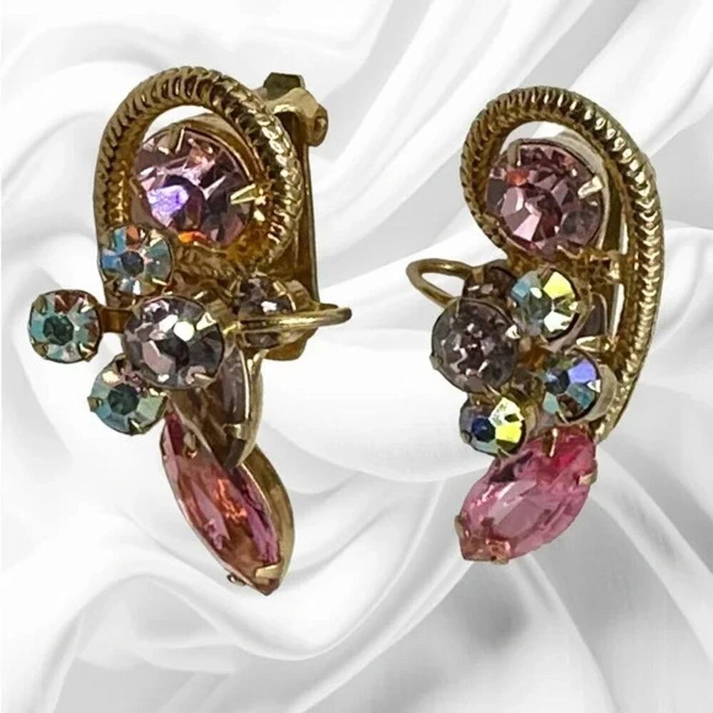 Vintage Pink Aurora Borealis Rhinestone Gold Tone Cluster Clip-On Earrings 3.5"
